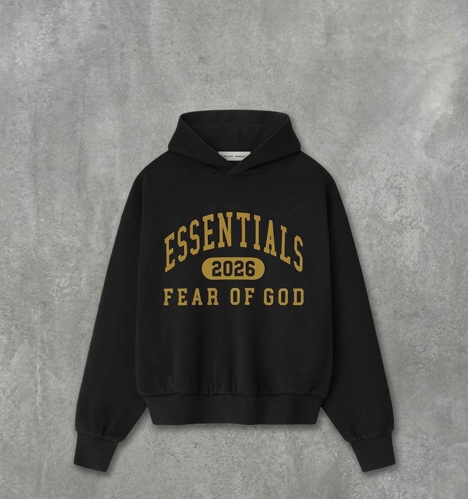 Fear of God Essentials 2026 varsity hoodie in black