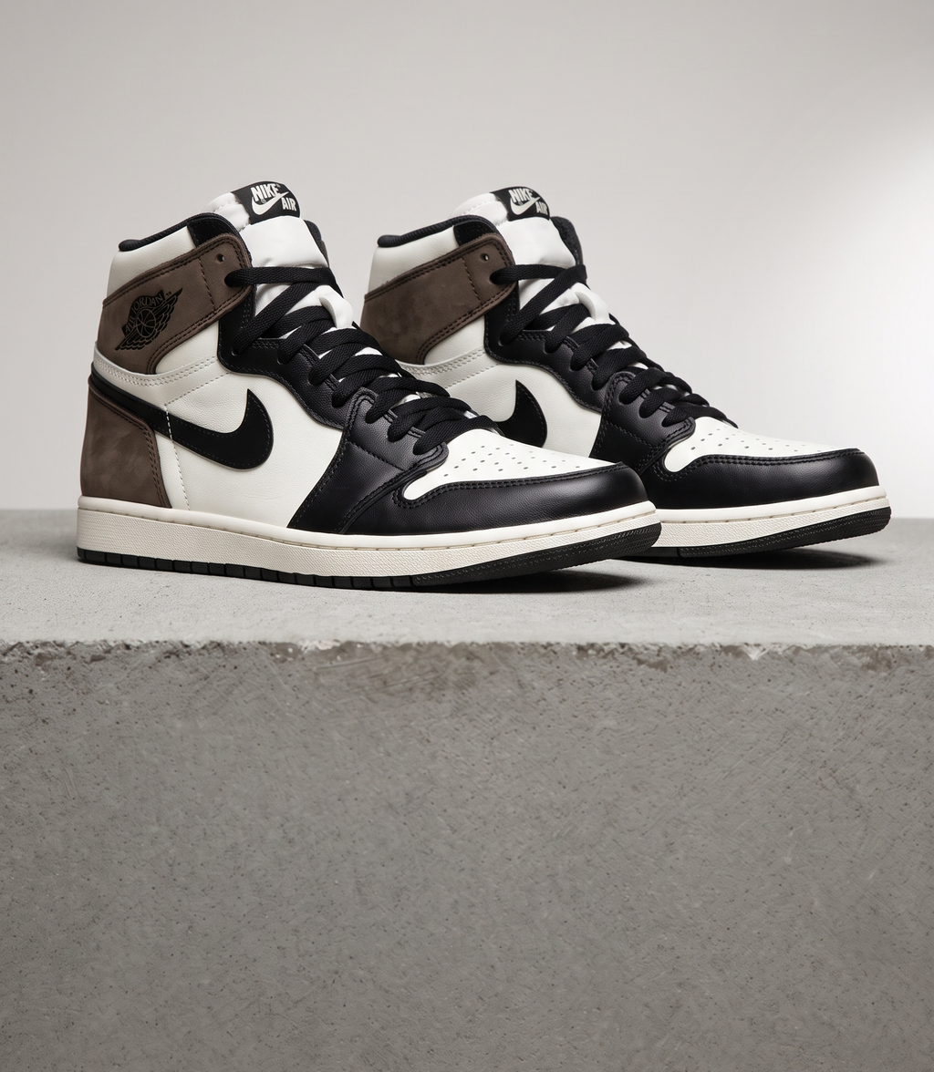 Air Jordan 1 Retro High Dark Mocha, three-quarter front view of the pair