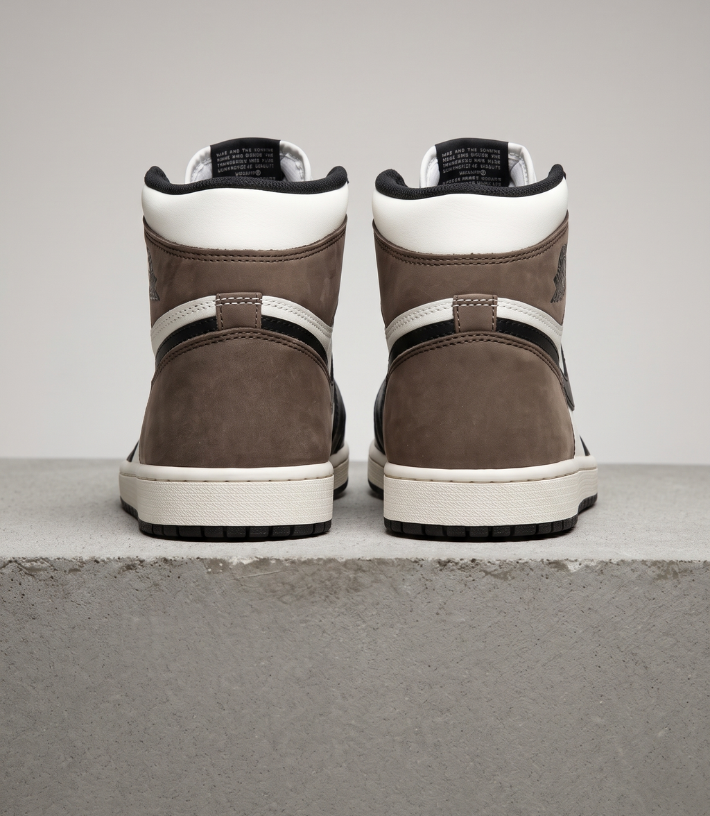 Air Jordan 1 Retro High Dark Mocha, heel view with mocha suede panels