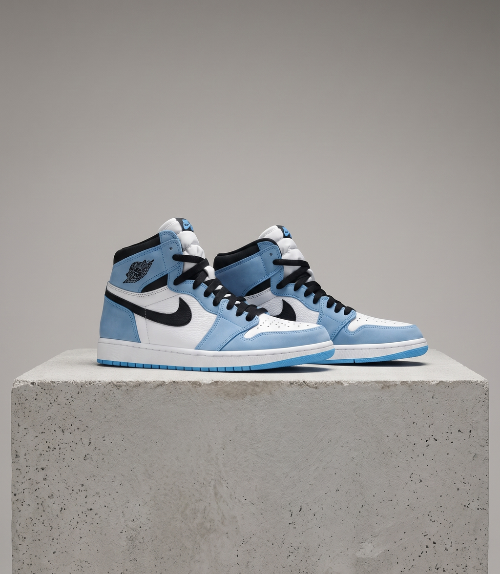 Air Jordan 1 Retro High OG University Blue, three-quarter front view of the pair
