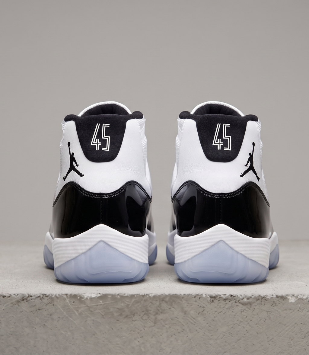 Air Jordan 11 Retro Concord, heel close-up view with 45 heel panels