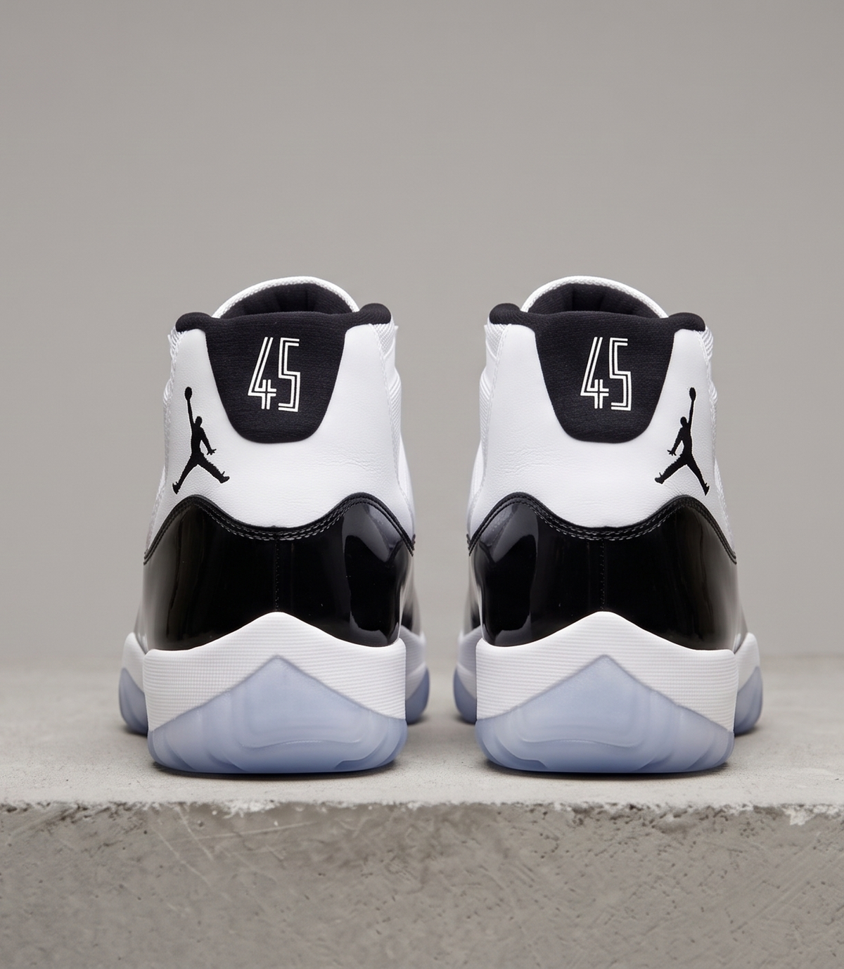 Air Jordan 11 Retro Concord, heel close-up view with 45 heel panels