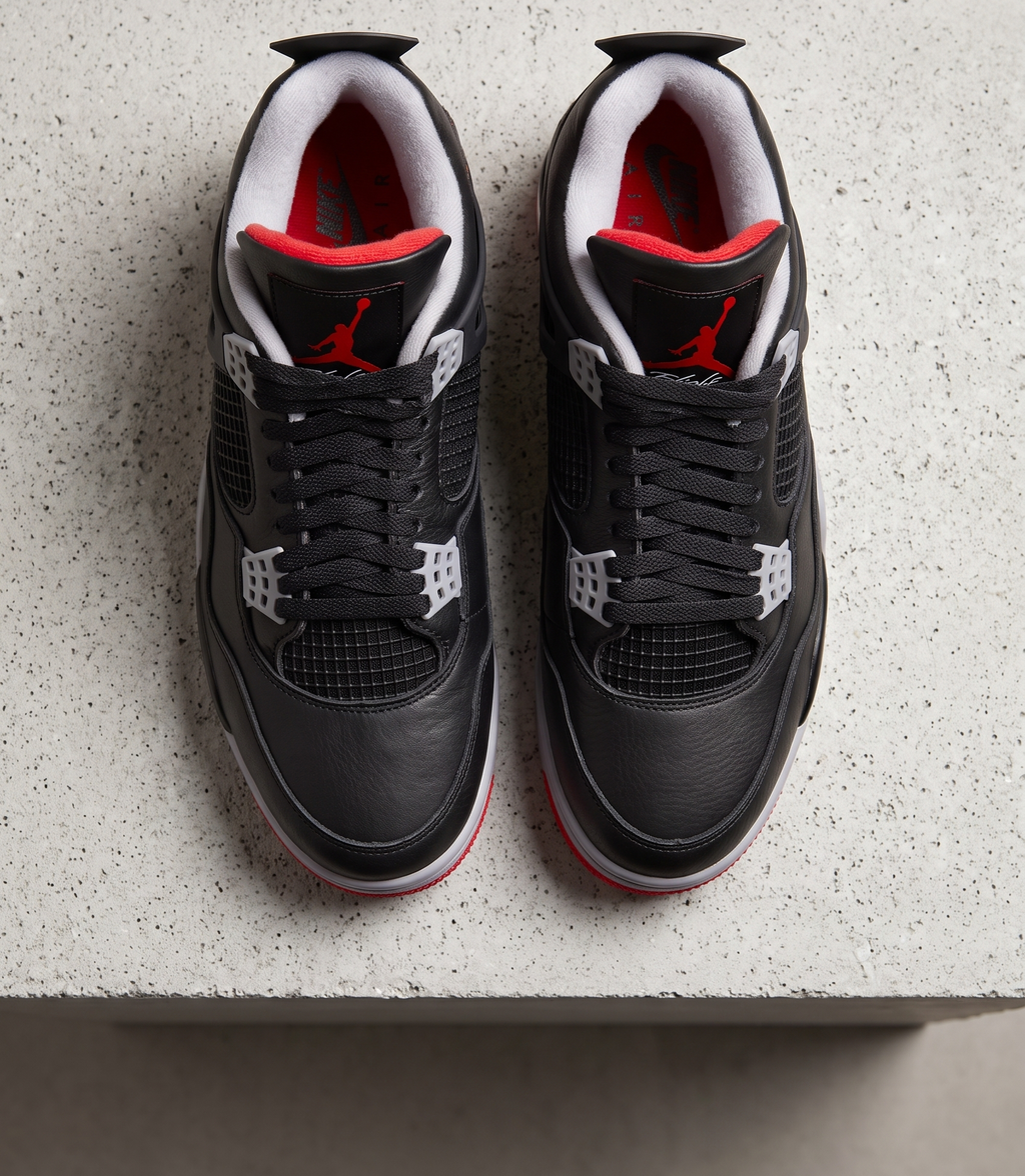 Air Jordan 4 Retro Bred Reimagined, top-down view of the pair