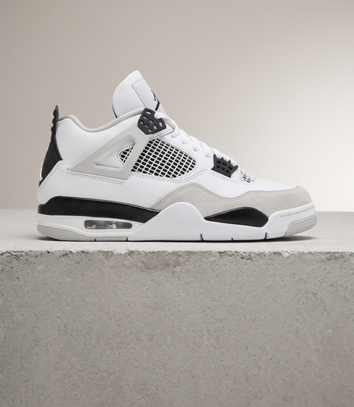 Air Jordan 4 Retro Military Black, side profile studio photograph