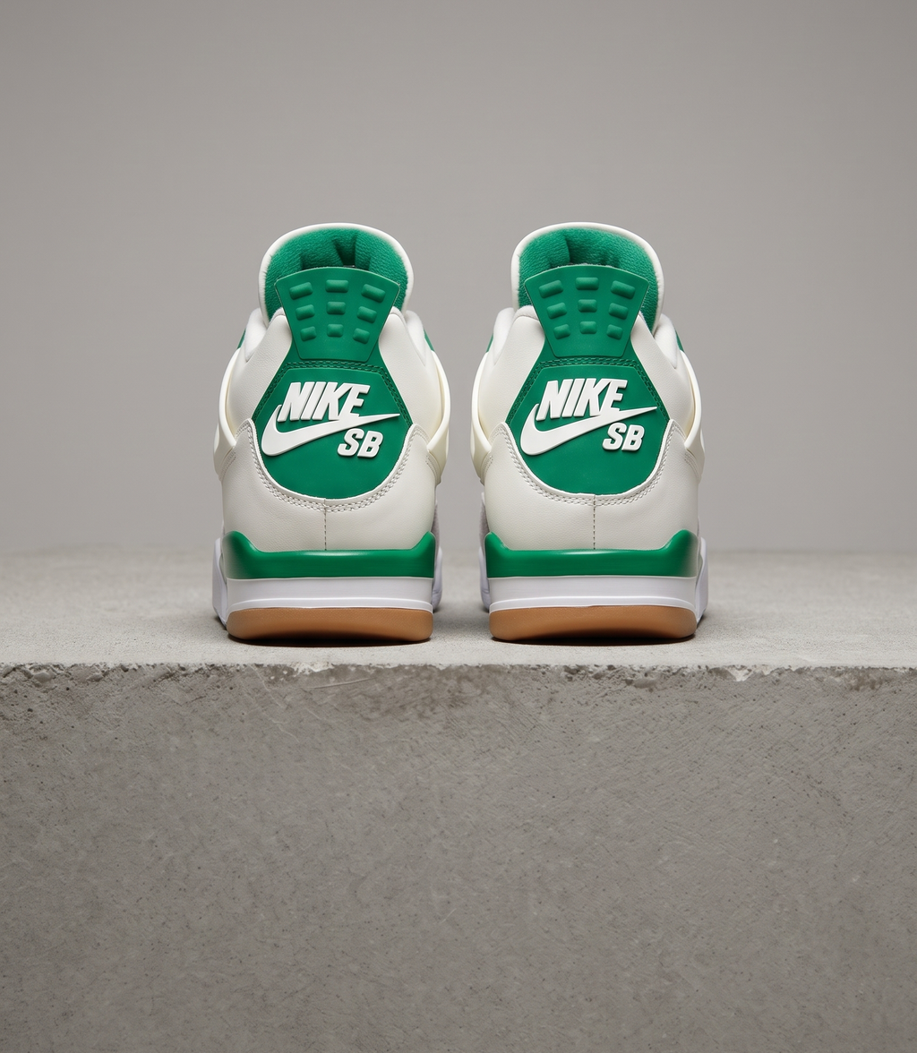 Air Jordan 4 x Nike SB Pine Green, heel view with Nike SB logos