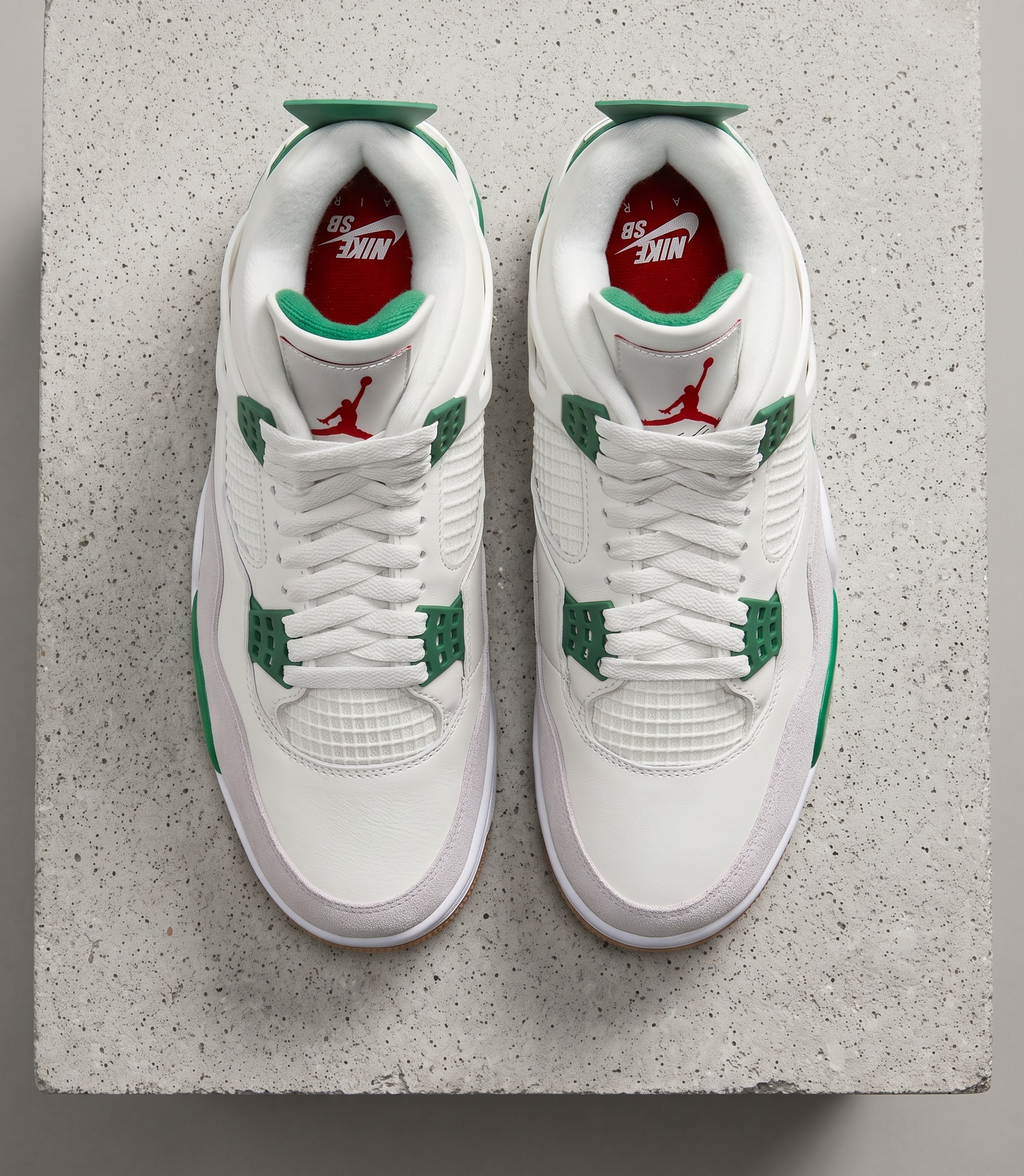Air Jordan 4 x Nike SB Pine Green, top-down view of the pair