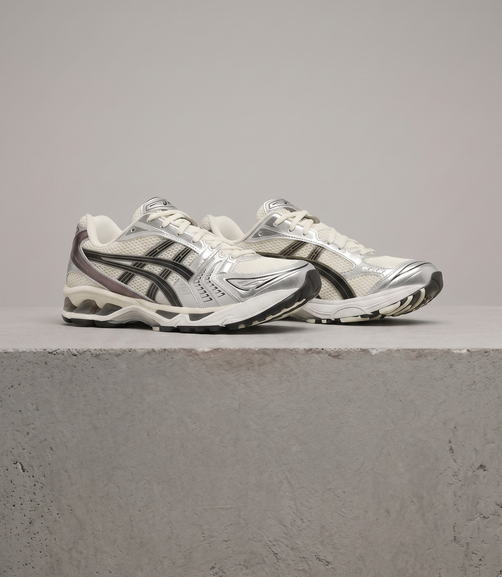 ASICS GEL-Kayano 14, three-quarter front view of the pair
