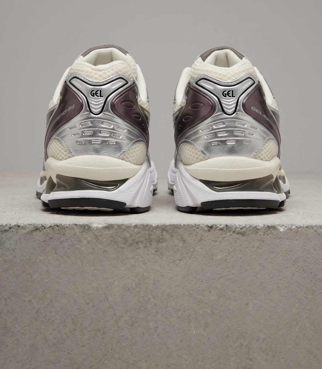 ASICS GEL-Kayano 14, heel close-up view with silver GEL heel clips