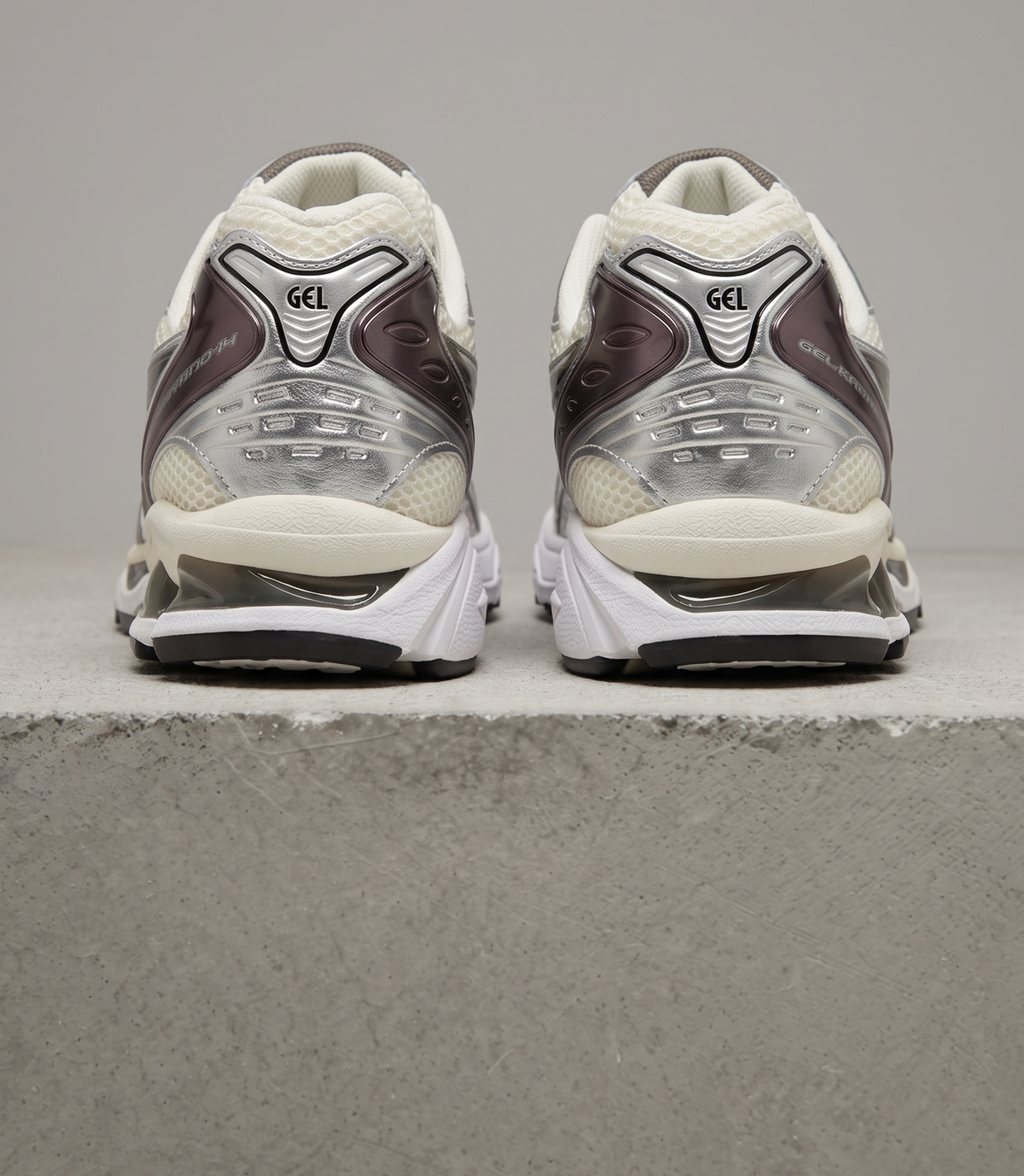 ASICS GEL-Kayano 14, heel close-up view with silver GEL heel clips