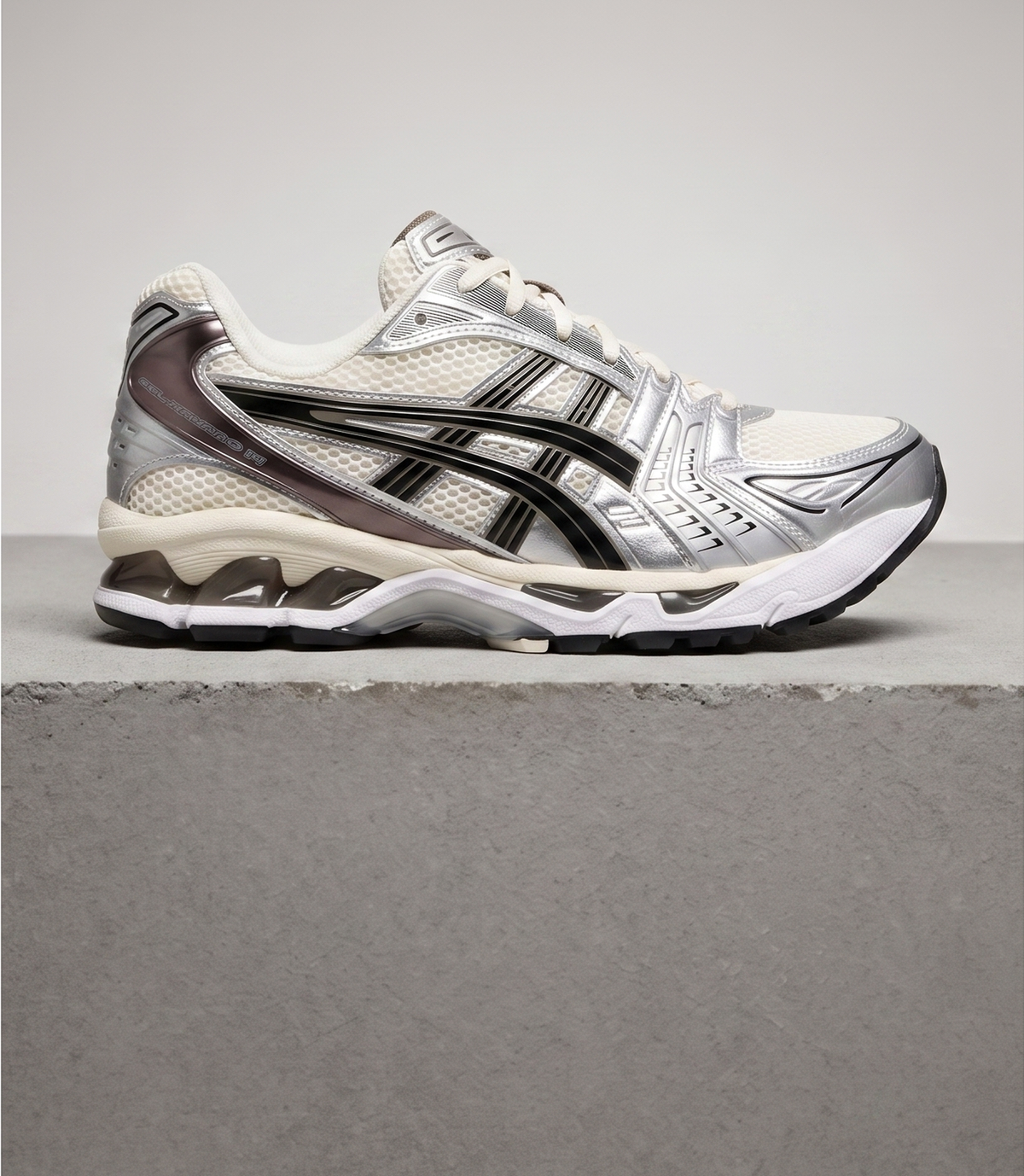 ASICS GEL-Kayano 14 Metallic Plum, side profile studio photograph