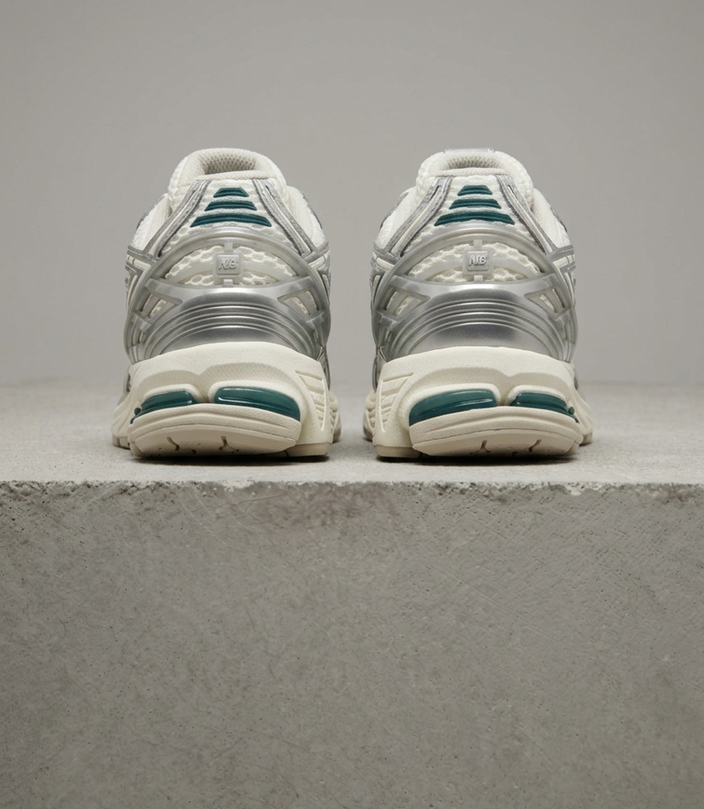 New Balance 1906R Silver Metallic Cream, heel close-up view