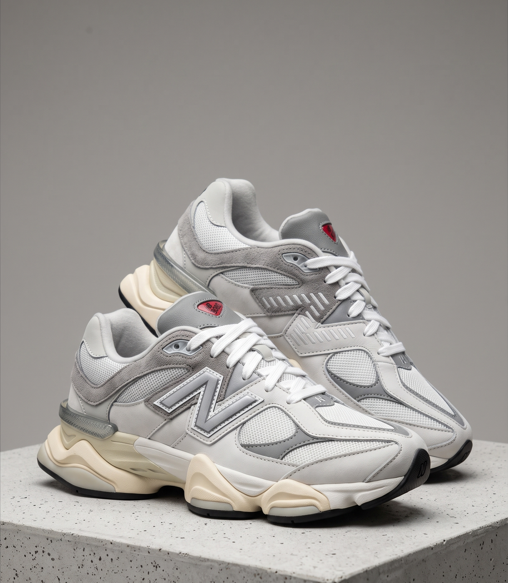 New Balance 9060 Rain Cloud, three-quarter front view of the pair