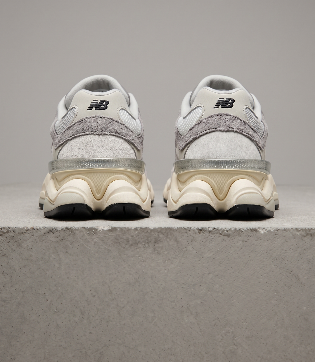 New Balance 9060 Rain Cloud, heel close-up view with NB logos