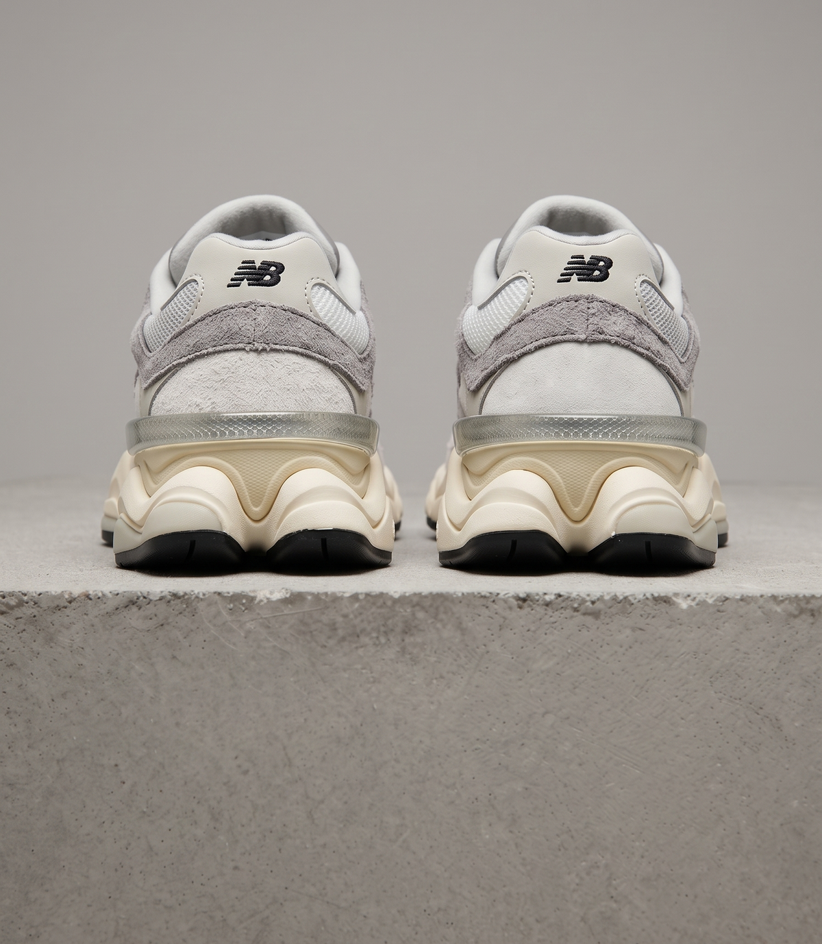 New Balance 9060 Rain Cloud, heel close-up view with NB logos