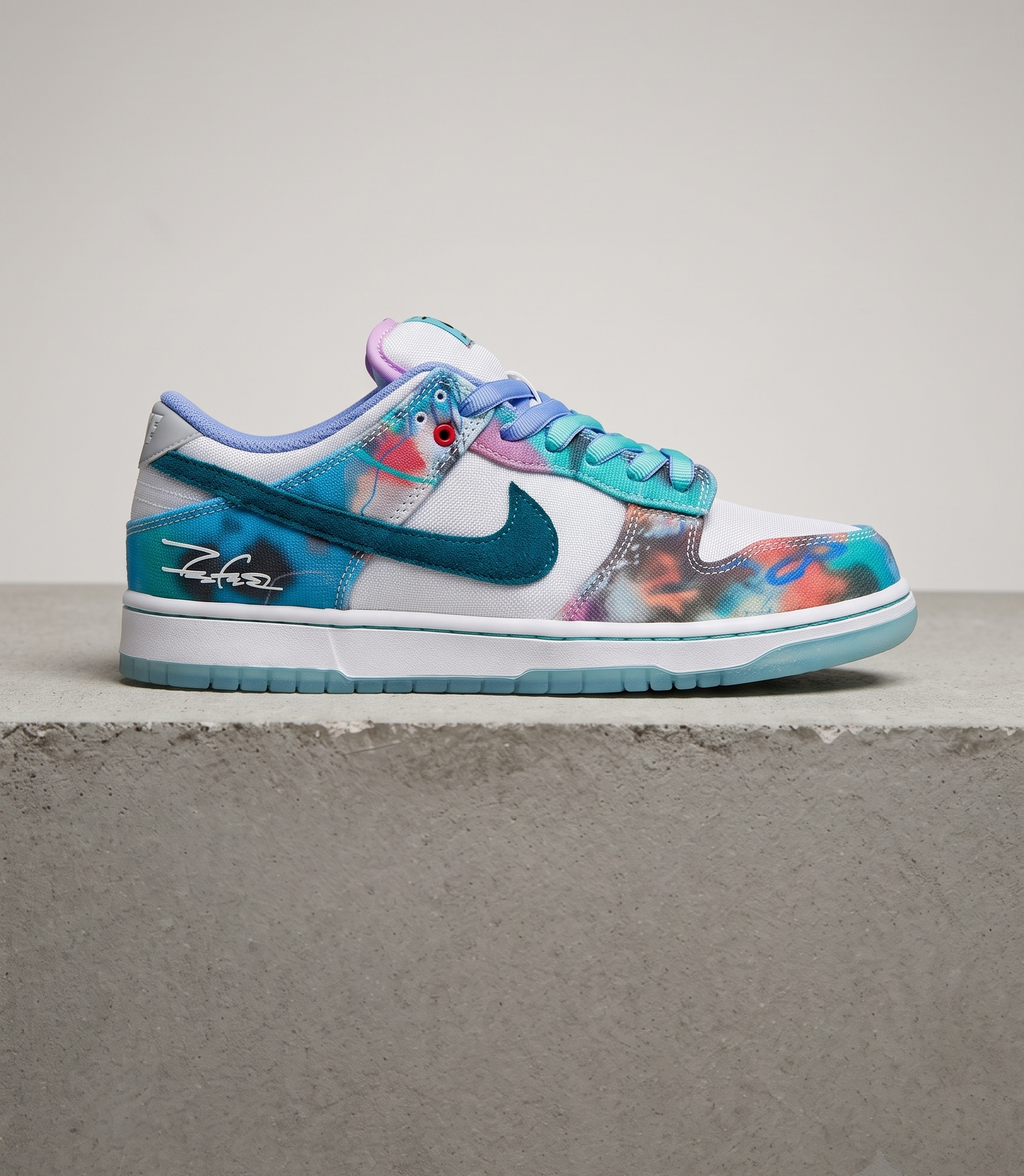 Nike SB Dunk Low x Futura Laboratories Bleached Aqua, side profile studio photograph