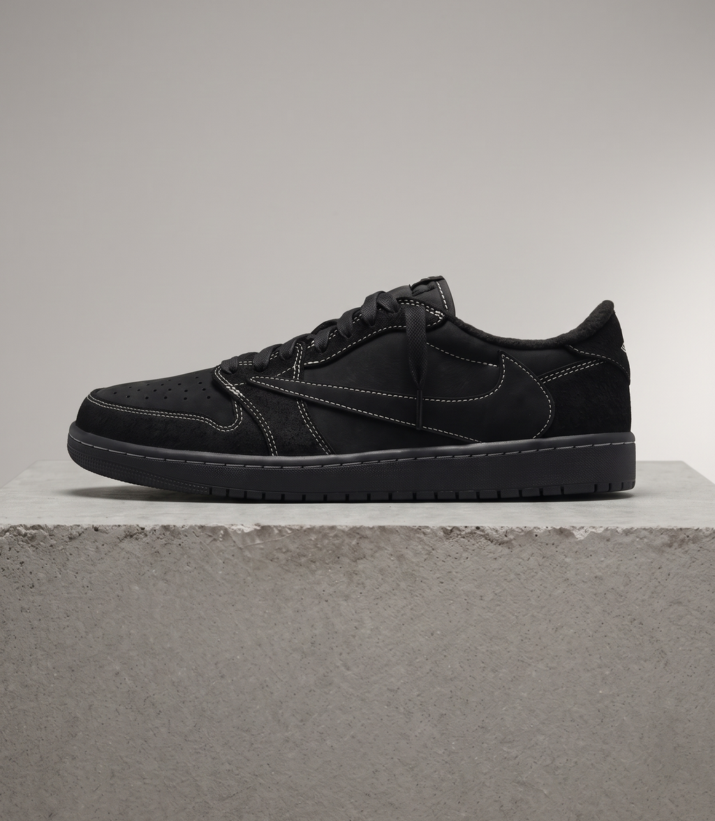 Travis Scott x Air Jordan 1 Low OG Black Warrior, side profile studio photograph