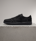 Travis Scott x Air Jordan 1 Low OG Black Warrior, side profile studio photograph