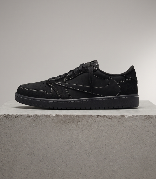 Travis Scott x Air Jordan 1 Low OG Black Warrior, side profile studio photograph