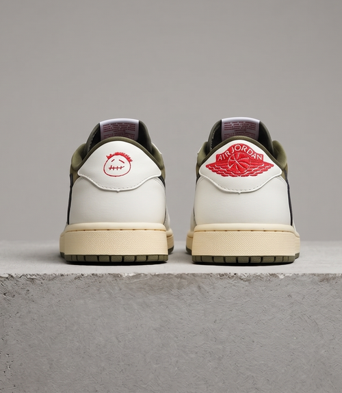 Travis Scott x Air Jordan 1 Low Medium Olive, heel view with smiley and wings logos