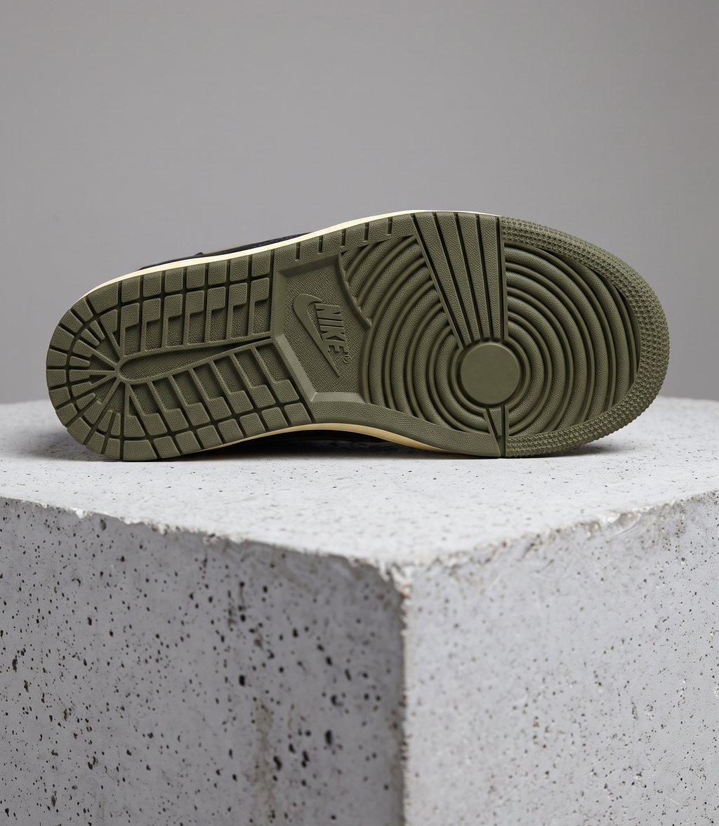 Travis Scott x Air Jordan 1 Low Medium Olive, olive outsole tread detail