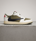 Travis Scott x Air Jordan 1 Low OG Medium Olive, side profile studio photograph