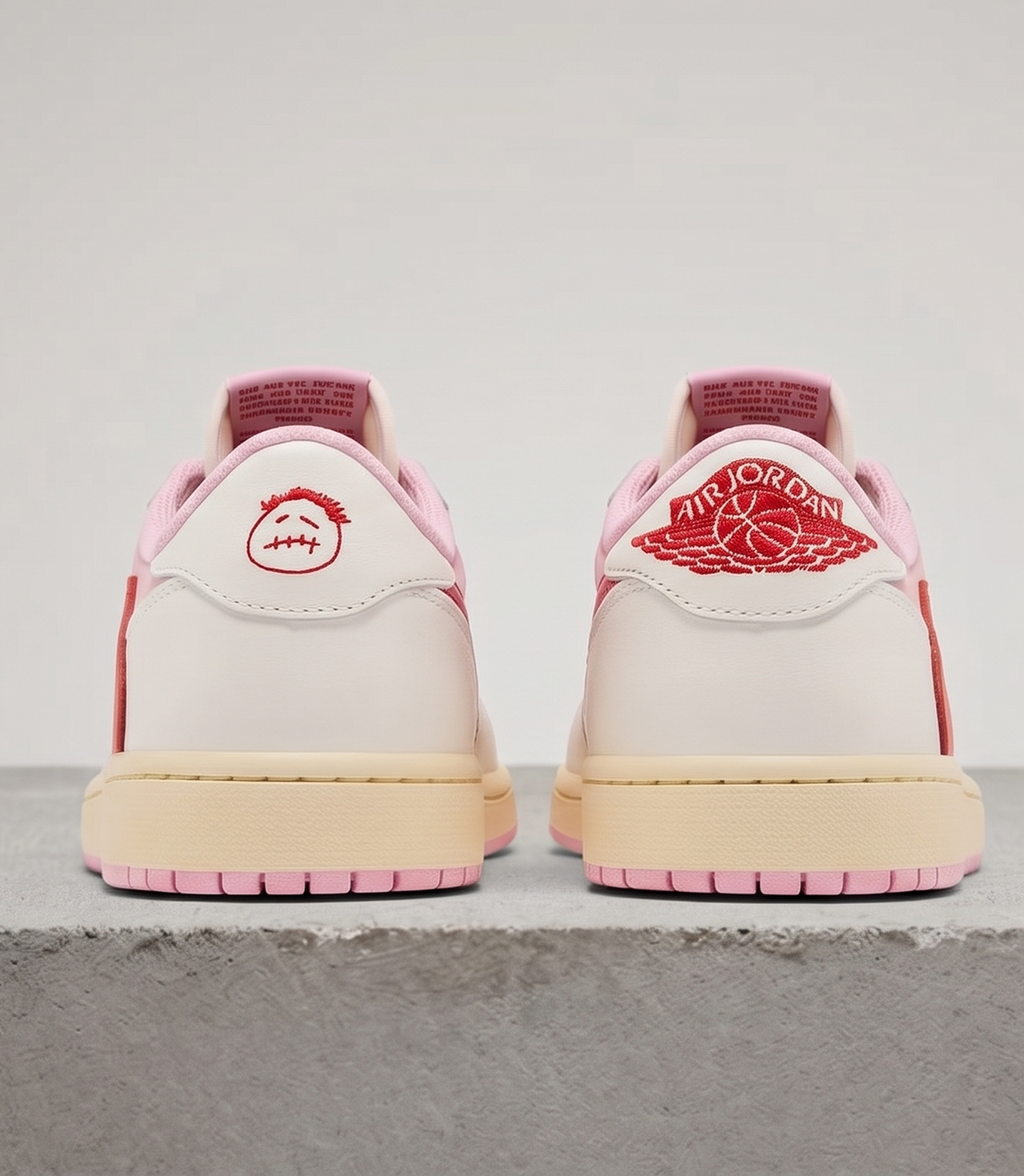 Travis Scott x Air Jordan 1 Low Tropical Pink, heel view with smiley and wings logos