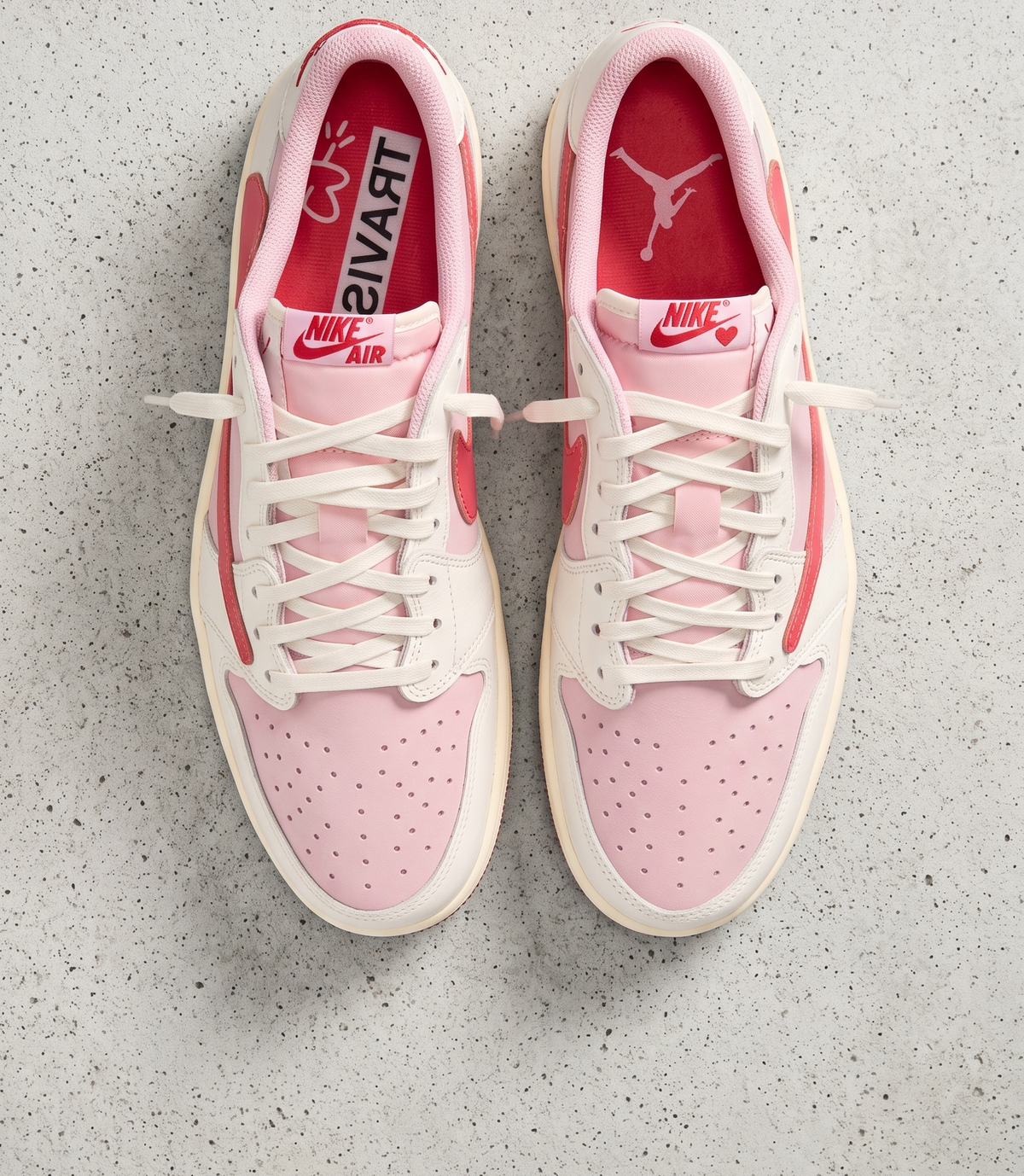 Travis Scott x Air Jordan 1 Low Tropical Pink, top-down view of the pair